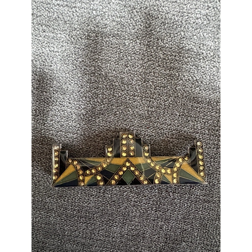 VTG Art Deco Pierre Bex Style Enamel and Rhinestone Black Gold Green Pin Brooch